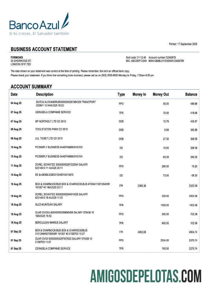 Baixável Salvador Banco Azul Firm Account Statement Word And PDF modelo